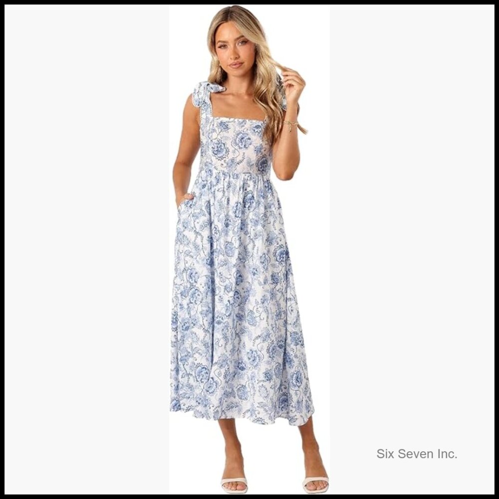 Midi Dress With Adjustable Tie Shoulder Straps And Side Pockets